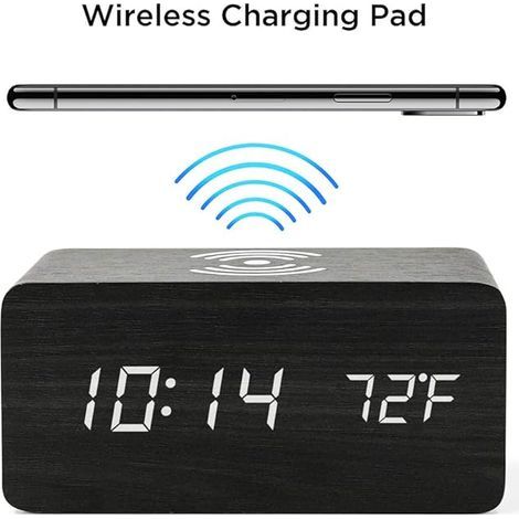 Wecker mit kabellosem Ladegerät, LED-Digitaluhr, Tonsteuerung, Anzeige von Uhrzeit, Datum und Temperatur - Schwarz (für Schlafzimmer, Büro und Zuhause)