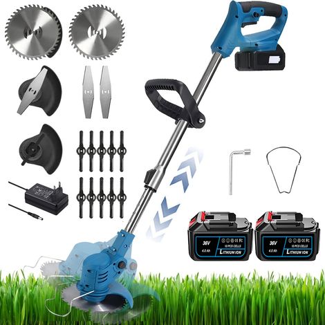 Coupe-Bordures Sans Fil MAGICFOX 36V avec Tube Télescopique, Tête Pivotante et 3 Types de lames - Livré avec 2 Batteries 4.0Ah - Bleu