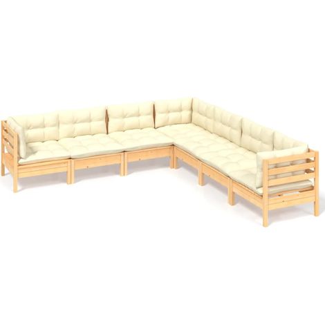 Mobili da giardino Mobili da esterno Set di mobili da 7 pezzi con cuscini color crema in legno di pino massiccio