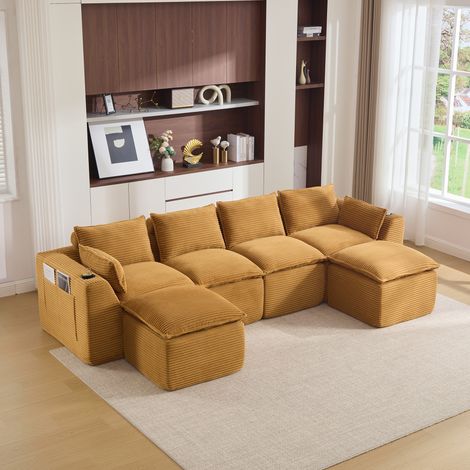 Grand Canapé modulable 4 places avec 2 poufs,coussins,porte-gobelets et poches latérales,Velours côtelé orange,322x161x75cm
