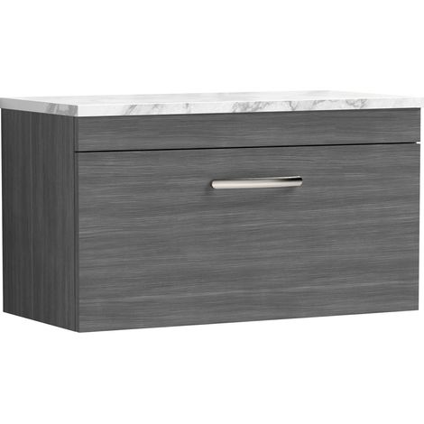 Nuie Athena Wall Hung 1-Drawer Vanity Unit with Carrera Marble Worktop 800mm Wide - Anthracite Woodgrain (1/4)