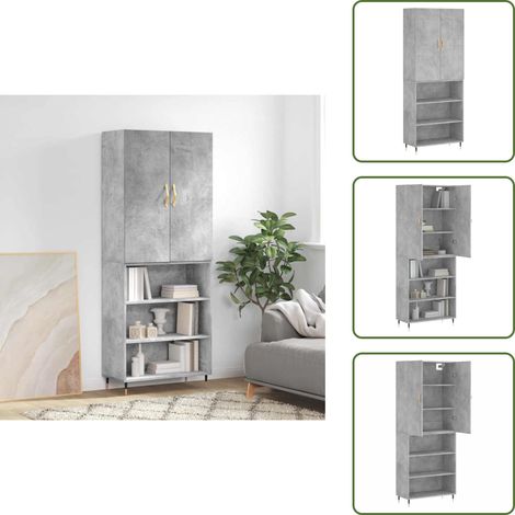 Pieds métalliques - vidaXL Buffet haut Gris béton 69,5x34x180 cm Bois d'ingénierie - Espace de rangement (1/5)