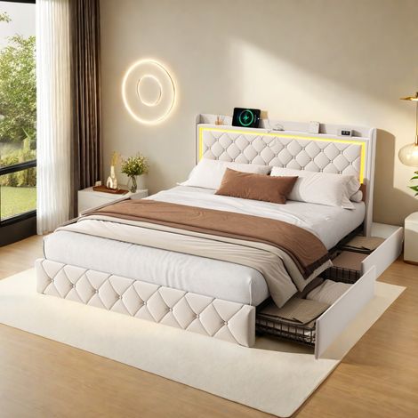 Lit140 x 200 cm, lit double 140x200 avec sommier, lit adulte avec LED et 4 tiroirs, cadre de lit,  avec port USB, beige, velours