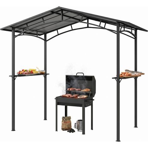 Pavillon d'extérieur pour barbecue 2,5 x 1,5 m, abri barbecue métal noir, 2 étagères, toit polycarbonate (1/4)