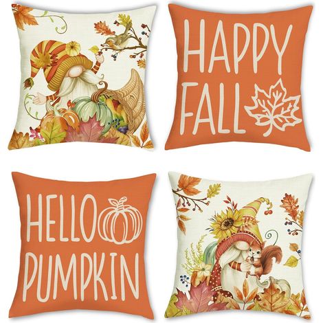 Fundas de cojín con gnomos y calabazas otoñales de 45 x 45 cm, decoración de Acción de Gracias, fundas de cojín decorativas con hojas de arce otoñales. (1/4)