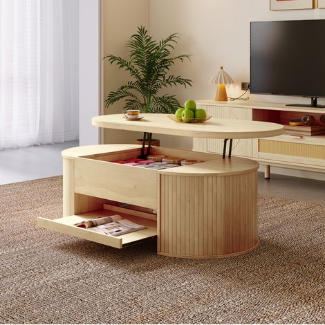 Table basse relevable en MDF couleur bois, avec rangement intérieur et tablette coulissante (1/5)