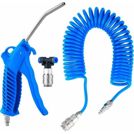 Pistolet pneumatique pour le nettoyage à l’air comprimé (avec tuyau spiralé de 5 m), kit de nettoyage pour camions comprenant un raccord en T (4/6 mm), couleur bleue