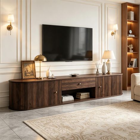 Mobile TV basso e arrotondato con effetto noce, dotato di 2 ante scorrevoli a doghe e un cassetto,design moderno retrò,180x40x40 cm,adatto a TV fino a 75" (1/5)