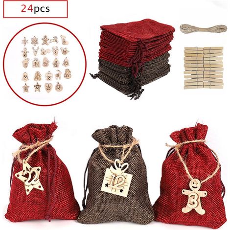 24 PCS Sacs Cadeaux de Noël, 24 étiquettes en bois