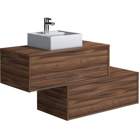 Mobile per bagno sospeso con lavabo quadrato singolo e due cassetti 94 cm Naturale scuro - TEANA II (1/4)