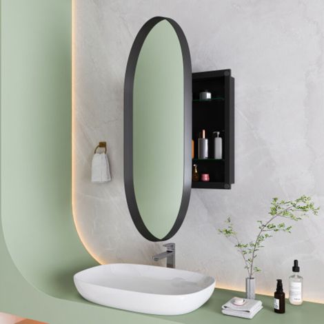 Miroir ovale mural avec armoire – Cadre métallique, étagères réglables, rangement intégré, noir – Chic et sobre pour toutes les pièces (1/5)