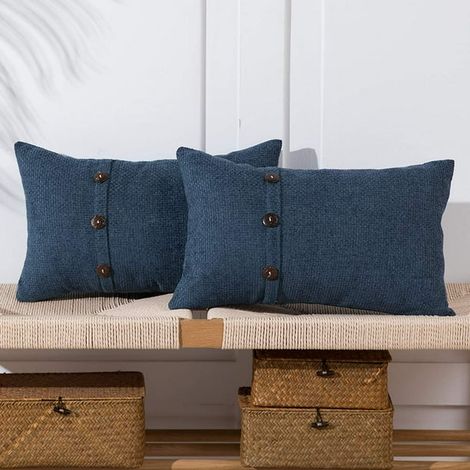 Housse de coussin lombaire Bleu Gris 12x20 Pouces avec Triple Boutons Lot de 2 Chenille Ferme Décorative Taie d'oreiller pour Canapé Salon Maison (1/5)