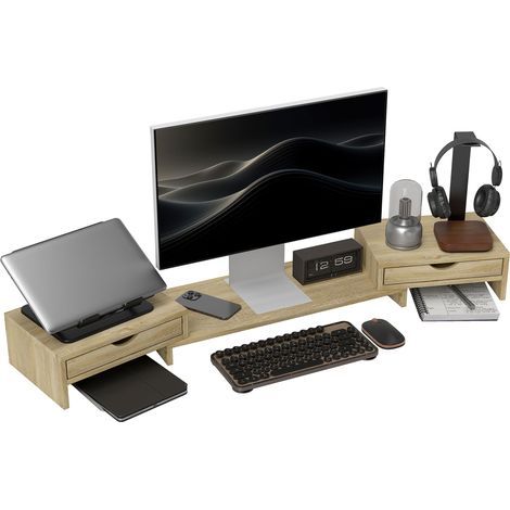 Rehausseur écran PC bureau support d'écran d'ordinateur de 60-116 cm avec 2 tiroirs, longueur et angle réglables (1/5)