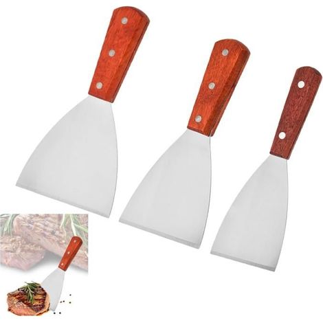 Spatule Plancha, Barbecue Spatule, Spatules Teppanyaki, 3 Pièces Spatule Inox, Spatule à Manche Bois Polyvalente, Peut Être Utilisée (1/5)