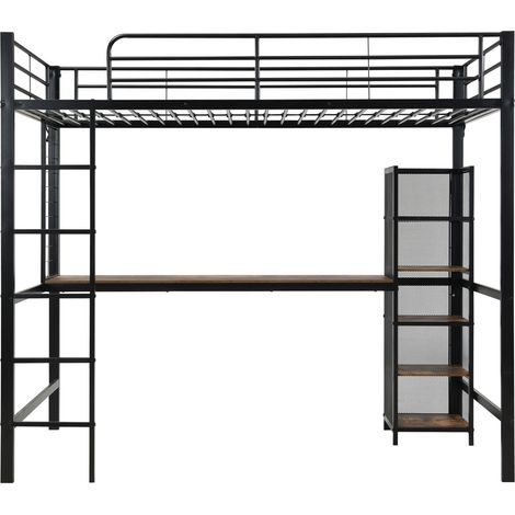 Cama alta de metal y MDF 90 x 200 cm con escritorio y almacenamiento, negro y madera oscura (1/5)