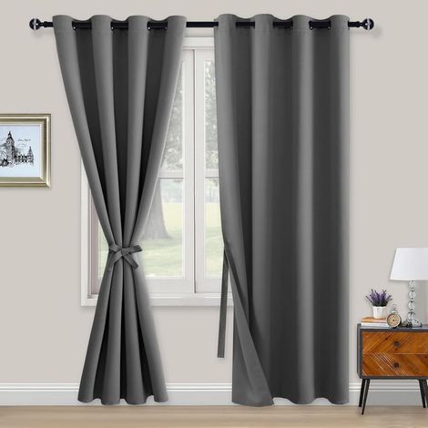 220 x 140 cm - Lot de 2 rideaux opaques et occultants avec œillets - Avec embrasses - Pour chambre à coucher, salon, bureau - Gris (1/5)