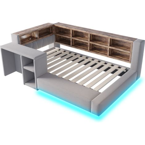 Polsterbett 90 x 200 cm mit Stauraum, LED, Steckdosen und Beistelltisch, Dunkelgrau (1/5)