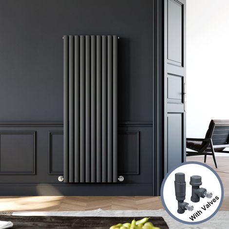 ELEGANT 1600 x 590 mm Anthracite Modern Vertical Column Radiator Oval Double Panel Designer Heater + Anthracite Thermostatic Radiator Valves (1/5)