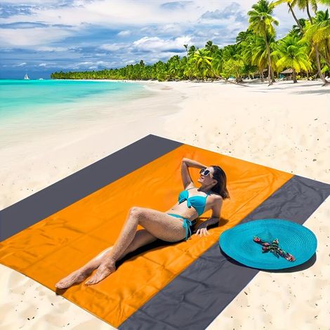 Grand tapis de plage anti-sable 200×210 cm, imperméable et résistant, format XXL pour 3-4 personnes, avec piquets, idéal pour sorties en plein air