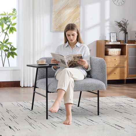 Fauteuil moderne avec rangement dossier tissu table d'appoint métal 2 compartiments