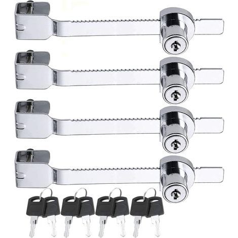 Lot de 4 verrous de scie coulissante avec clé pour vivarium terrarium vitrine serrure à cliquet serrure verrou vitrine en verre pour porte en verre, clés identiques Argenté (1/5)