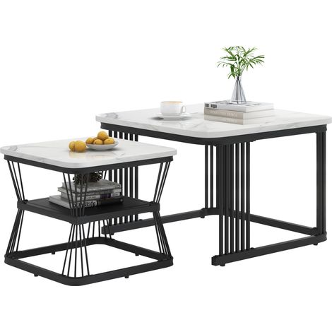 Lot de 2 tables basses gigognes blanches effet marbre, plateau MDF brillant, piètement acier noir, format compact pour salon moderne et élégant – CHICFURN (1/5)