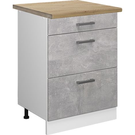 Meuble cuisine R-Line, Béton, 60 cm avec tiroirs, PT Chêne, Vicco