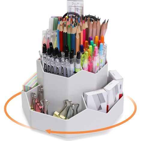 Rotating Pencil Holder, Rotating Desk Organizer, 360 Degree Rotation Desk Organizer Pen Holder, Desk Pen Holder with 9 Compartments, Gray (1/5)