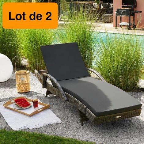 2 Bains de soleil marron naturel 5 positions, cadre alu et résine tressée. Transat de qualité (1/5)