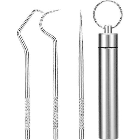 Un ensemble de 3 cure-dents en acier inoxydable avec un étui de rangement pour l'hygiène buccale, adaptés à une utilisation en extérieur et en pique-nique. (1/5)