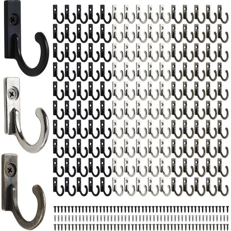 Lot de 150 crochets muraux avec vis, crochet en métal robuste pour surfaces en bois – Crochets muraux simples pour manteaux, chapeaux, clés, serviettes, sacs, 3 couleurs (argent, bronze (1/5)