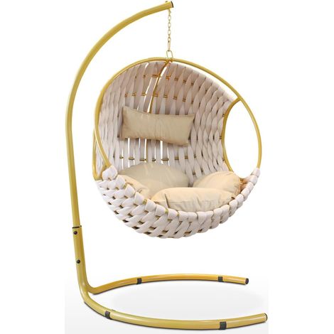 EVERGREENWEB - Dondolo da Giardino in Tessuto Champagne Imbottito Intrecciato a Mano, Elegante Poltrona Sospesa da Esterno o Interno Casa, Sedia Completa di Struttura in Acciaio e Cuscini Super Soft