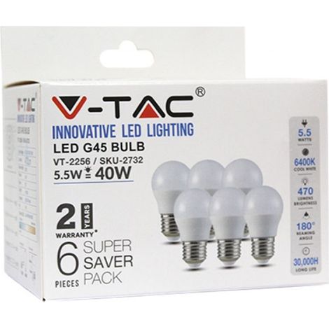 LED LAMPADINA - 5.5W E27 G45 6400K 6PCS/PACK                                                             - Luce FREDDA (1/5)