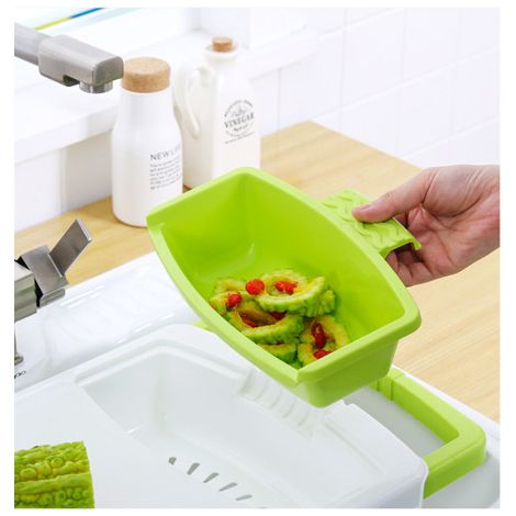 Planche à découper en plastique multifonction, panier de rangement et égouttoir pour cuisine, vert (1/5)