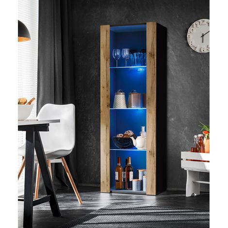 Vitrine armoire Tivoli – Noir/Wotan – 3 étagères en verre – Dimensions 55cm x 159cm x 35cm – Éclairage LED bleu en option – Design italien