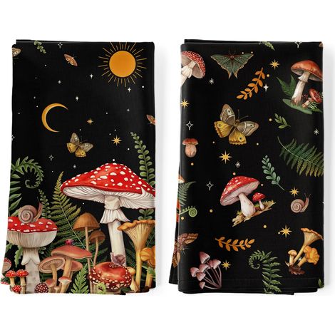 Lot de 2 Torchons de Cuisine Champignon Décoratif Essuie Main Absorbante 100% Coton Forêt Torchon Vaisselle Saisonnier Cadeaux pour Crémaillère et Cuisine 48 cm x 70 cm (1/4)