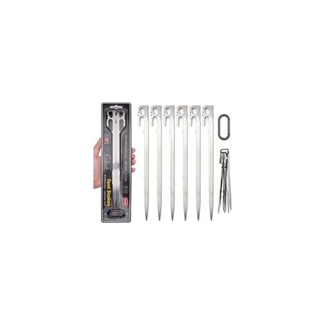 6 robusti picchetti per tenda, 28 cm, picchetti da campeggio in acciaio inox multifunzionali con gancio e foro per esterni, viaggi, escursionismo, giardinaggio, terreno duro (con moschettone) (1/5)