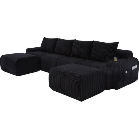 Modulares Cord-Sofa in Schwarz für 4 Personen mit 2 Poufs und Getränkehalter (1/5)