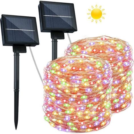 2 guirlandes lumineuses solaires, fil de cuivre 26 m, 240 LED, 8 modes d'éclairage, décoration extérieure jardin terrasse