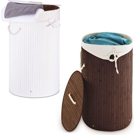 Relaxdays 2x Laundry Baskets, Bamboo Clothes Separator System, Hamper, 80L, Linen Bag, HWD: 65 x 41 x 41 cm, White/Brown (1/5)