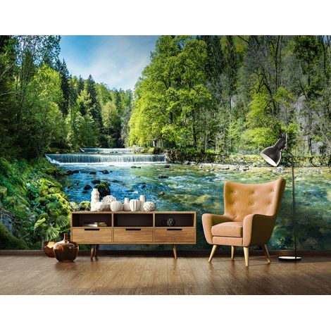 Vlies Fototapete Landschaft 150x105 cm, Tapeten, für Wohn und Schlafzimmer, Vliestapete Wandtapete Tapete 3D Effekt- inkl. Kleister - Wald See Natur, WallArena