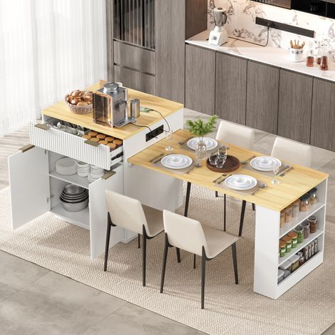 Isla de cocina con ruedas, mesa de comedor extensible con iluminación LED y estantes ajustables, mesa de cocina con regletas y cajones, sirve como isla de cocina, cocina y comedor (blanco) (1/5)