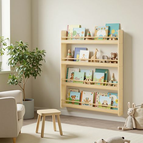 Étagère à Livres pour Enfants, 4 Niveaux, Étagère Murale, pour Chambre d'Enfant, Salle de Jeux, Jaune (1/5)