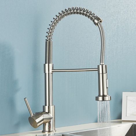 Robinet de cuisine en métal doré brossé, douchette extractible à 2 jets, mitigeur eau chaude/froide à poignée unique, rotation à 360°, flexible gris nickelé. (1/5)
