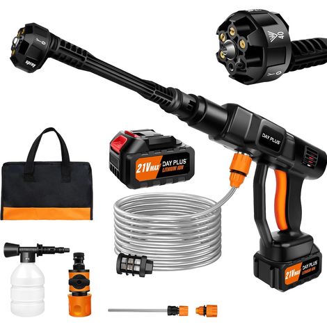Pistolet de Nettoyage Haute Pression Haute Pression 21V 45bar avec Batterie 3,0Ah et Chargeur, Buse 6 en 1, Nettoyeur à Jet Portable/Nettoyeur Haute Pression pour la Cour et la Voiture