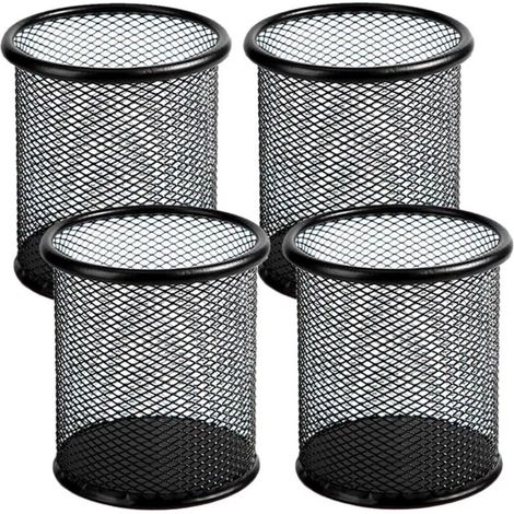 Porte-crayons en treillis métallique, 4 paquets, tasse à stylos en métal, étui de rangement de stylos de bureau, pot à crayons noir pour le bureau et la maison (noir)