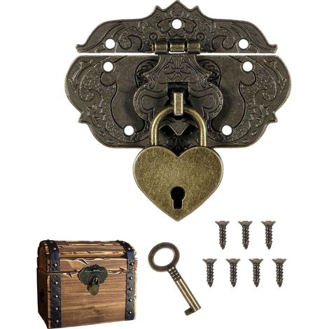 Fermoir Boîte en Bois Vintage avec Cadenas Cœur et Clé, Serrure de Coffre Antique en Fer à Visser, Loquet Décoratif pour Coffret à Bijoux, Meuble Ancien (1/5)