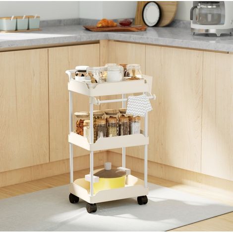 Carrito de cocina con 3 cestas, portatoallas, ruedas y asa, metal, blanco HAVRYA (1/5)