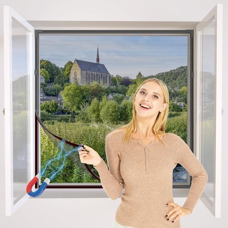 DIY Moustiquaire magnétique aimantée réglable pour fenêtre - Max 100 x 130 cm - Sans perçage, Peut être coupé - Facile à installer(Cadre gris,toile noire) (1/5)