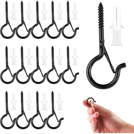 CCYKXA 15 Pack Black Screw-in Hooks, Stainless Steel Screw-in Hooks, with Safety Buckle, Screw-in Hooks for Plants, Bird Feeders, Wind Chimes and String Lights (1/4)